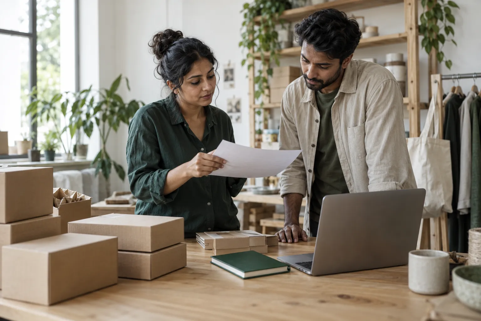 Illustrative scene of two colleagues reviewing stock and orders at a small business packing table.