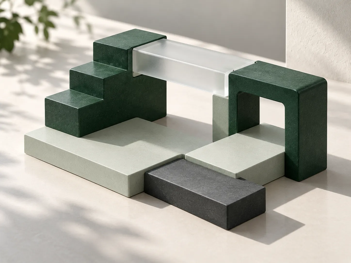 Green architectural blocks connected by bridges, illustrating a connected business.